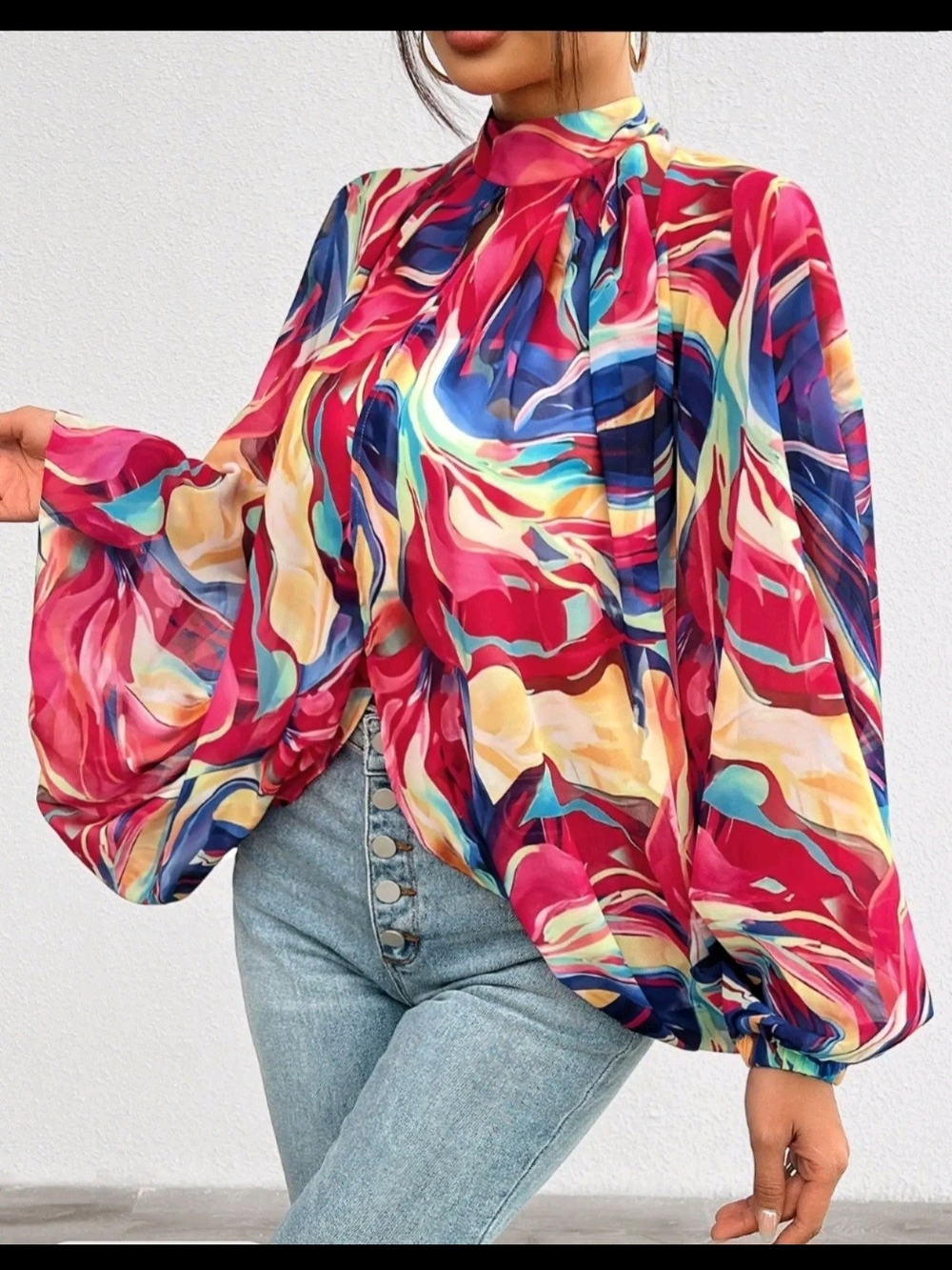 Vibrant Multi-Color Swirl Blouse Lightweight Long Sleeve Boho Abstract‎ Print - Picture 8 of 10